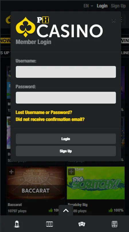 PH Casino login screen with email and password fields