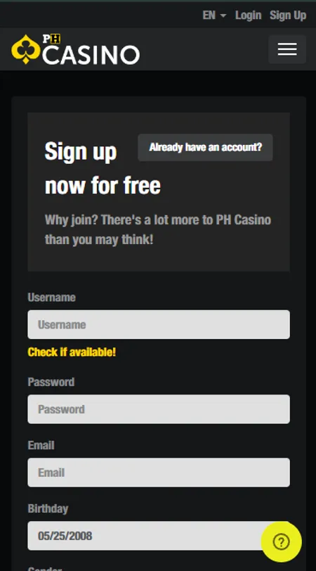 PH Casino registration form screen